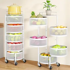 Fruit Vegetable Basket for Kitchen, Rotating Storage Rack, 5 Tier Rolling Cart with top lid, Large Metal Wire Wheels (White)