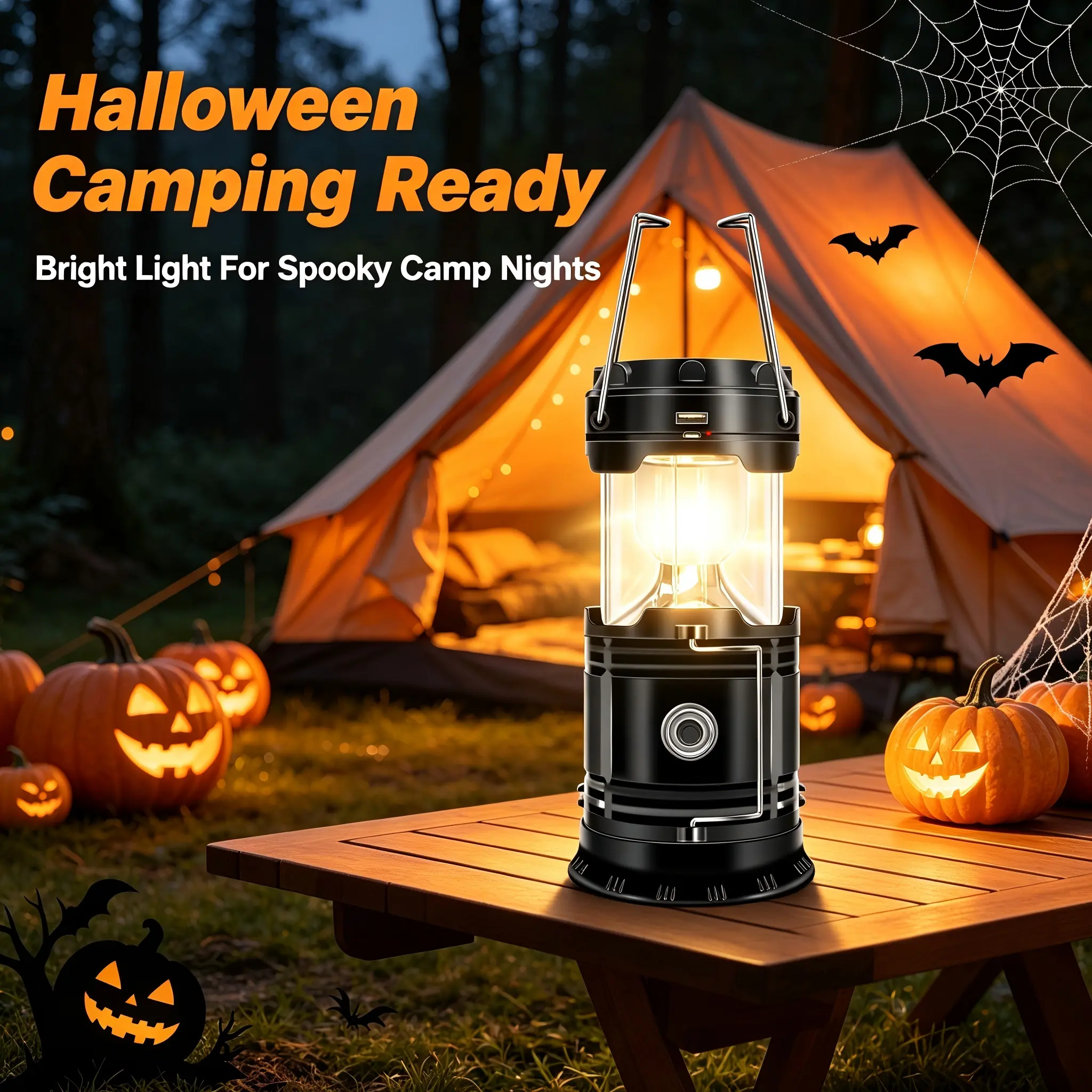 Halloween Spooky Solar Lantern - 9000 Lumens Rechargeable LED Camping Light, IPX4 Waterproof 360° Bright Light, Home Supplies for Trick-Or-Treat, Haunted House Decor & Outdoor Emergencies