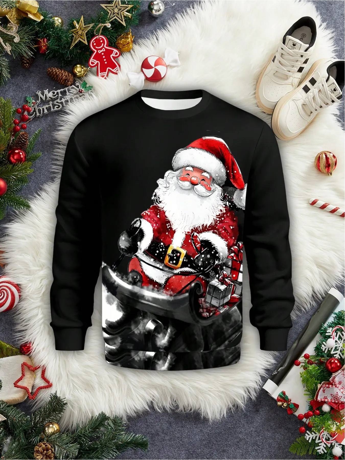 Christmas Man Santa Claus Motorcycle Sweatshirt Long-sleeved Crew Neck Cool Street Style Hoodie 3D Printed Festival Sportswear