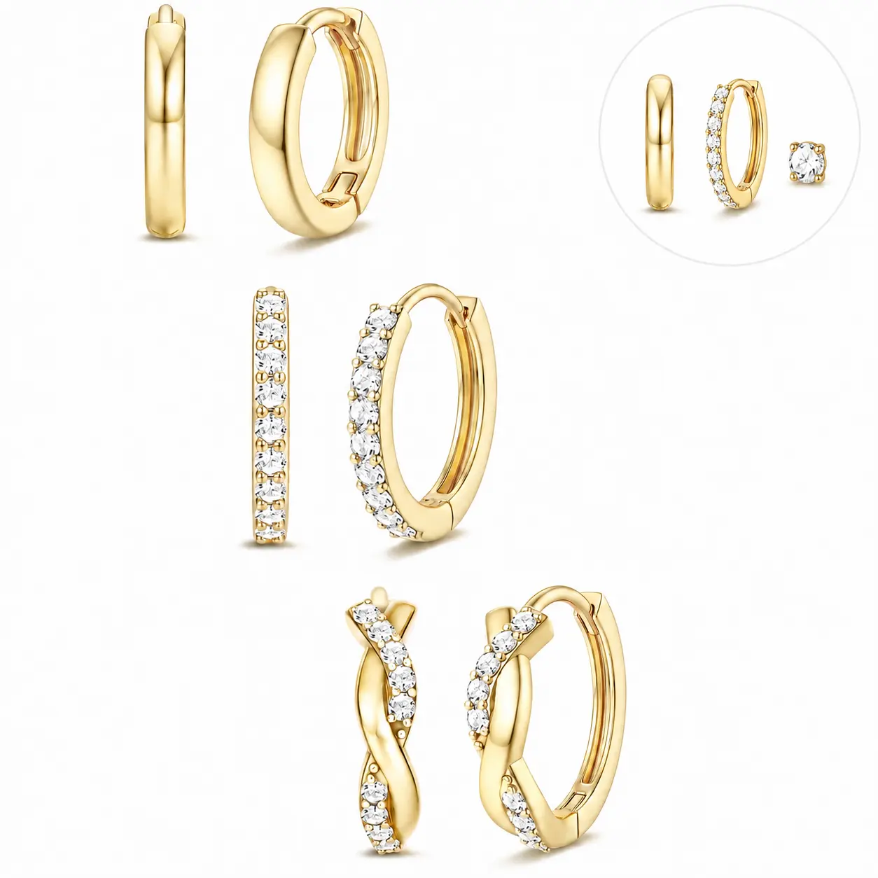 Gold Huggie Hoop Earrings Set for Women, 3 Single Earrings or 3 Pairs Option, 14K Gold Plated CZ Cartilage Hoops, Dainty Stacking Earrings for Multiple Piercings gold-tone jewelry birthday party gift woman trendy