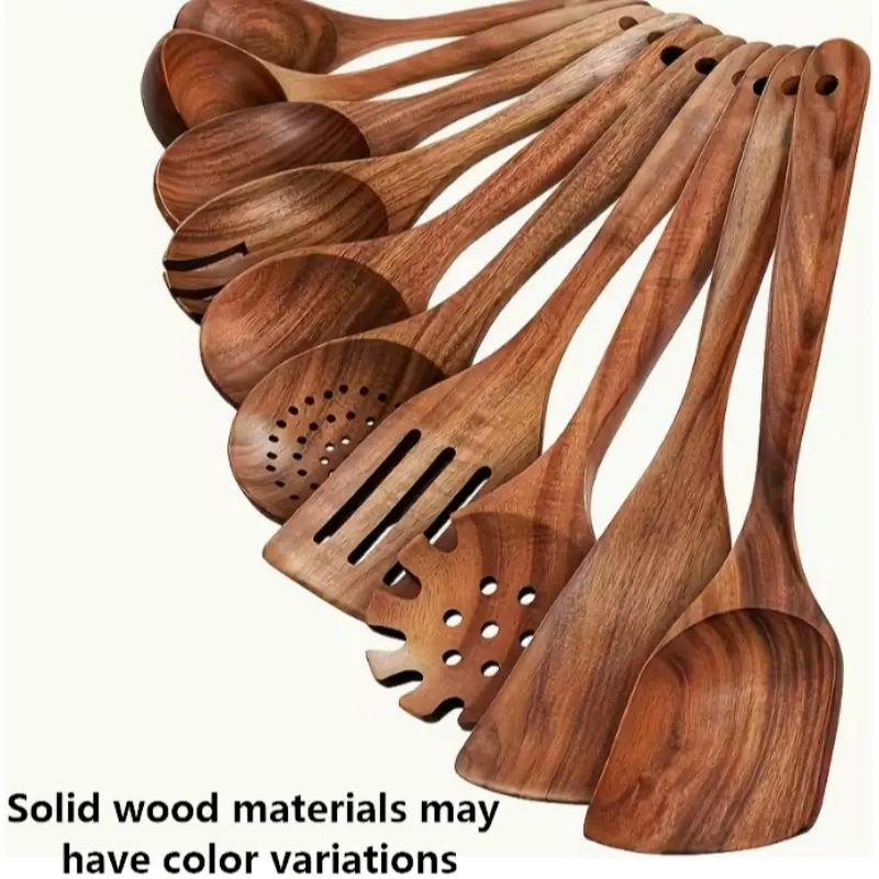 10-Piece Premium Teak Cooking Utensil Set, Non-Stick, Heat Resistant, Ergonomic Handles, Eco-Friendly Reusable, Handmade, Wooden Spatulas, Spoons, Wood Kitchen Utensils, Ideal for Stirring, BBQ, Camping, Kitchen Wooden Cooking Tools