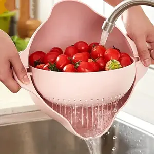 Durable Double-Layer Rotating Fruit & Veggie Washing Basket, Food-Safe Plastic with Drainage Holes, Space-Saving Kitchen Organizer