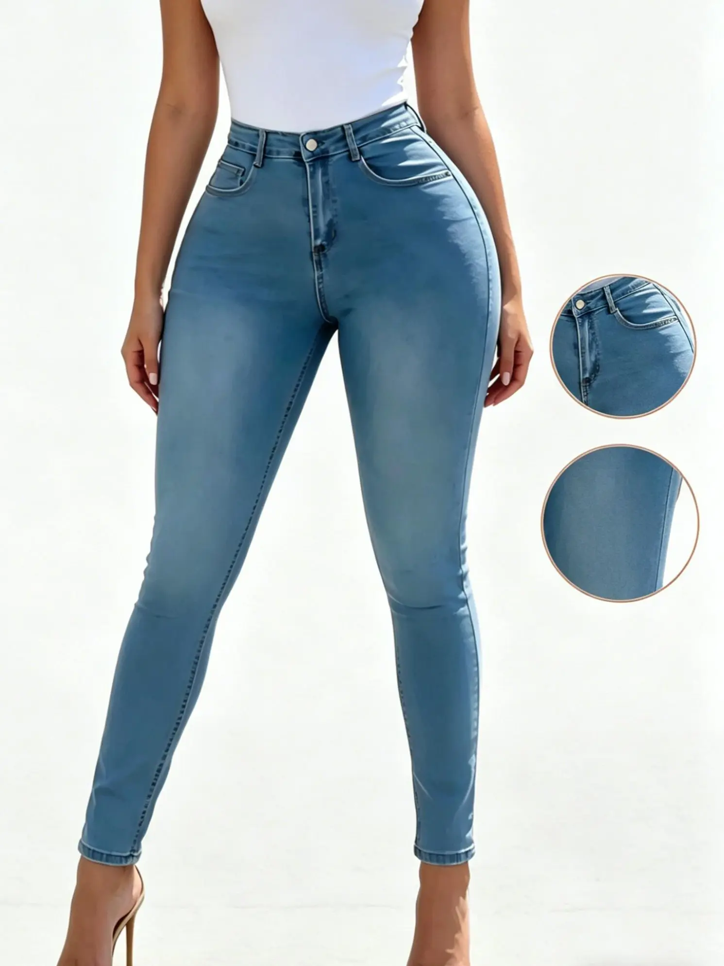 Women's High-Waisted Elastic Skinny Jeans - Button Closure, Cold Wash Denim Fabric, Soft Light Stretchy, Tummy Control, Butt Lifting, Pockets, Minimalist 2026 Casual Clothes, Basic Bottoms for Hourglass Figure, Thanksgiving, Easter, Pants, Halloween, Chri