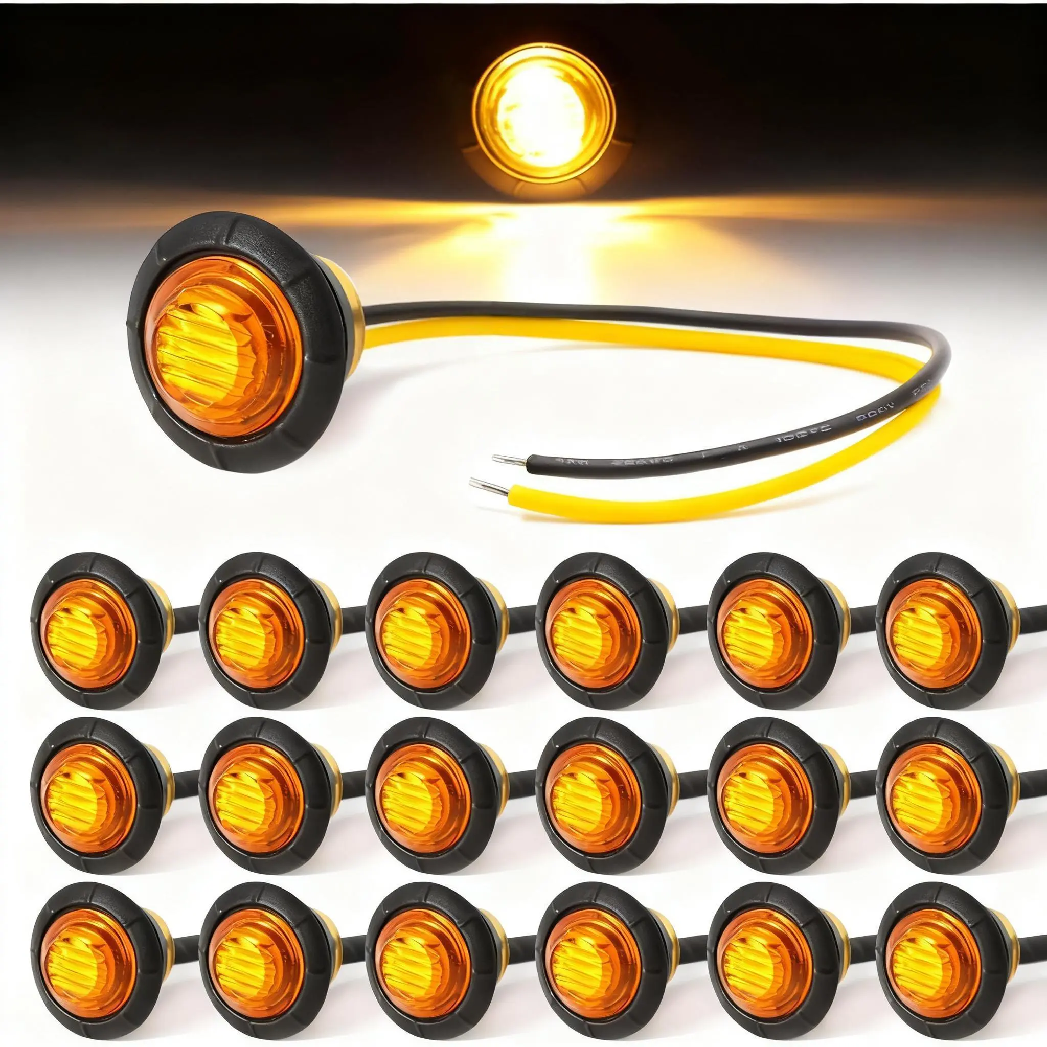 20-Pack 3/4" Amber LED Marker Lamps - Automotive Car Light, Auxiliary Lights with Grommet Mount for Semi Truck, Boat Trailer, Waterproof 12V 2-Wire Bullet Kit, Long Lifespan, Side Markers