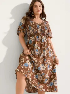 【Summer Turn-Up】【Boho】 Bloomchic Boho Holiday Women's Dress - Yellowish Brown Floral Print Short Lantern Sleeve V-Neck Shirred Bodice Midi Dress for Autumn - Bohemian Style - Womenswear 2026 Summer Pick for Mother's Day