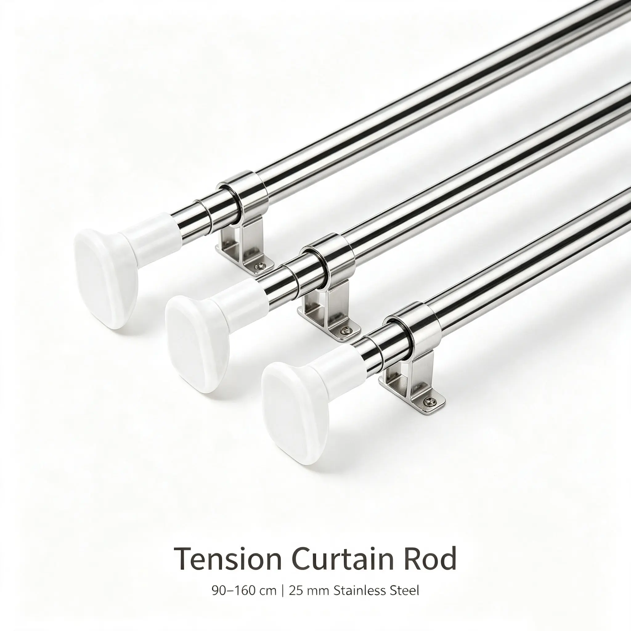 Stainless Steel Adjustable Tension Curtain Rod, 90-160cm No Drill Spring Curtain Pole with Non-Slip Caps, 25mm Expandable Curtain Rod for Bedroom Windows