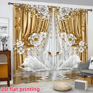 Luxurious Floral Swan Print Curtains, Fashionable Rod Pocket Window Drapes for Bedroom and Living Room, Easy Installation