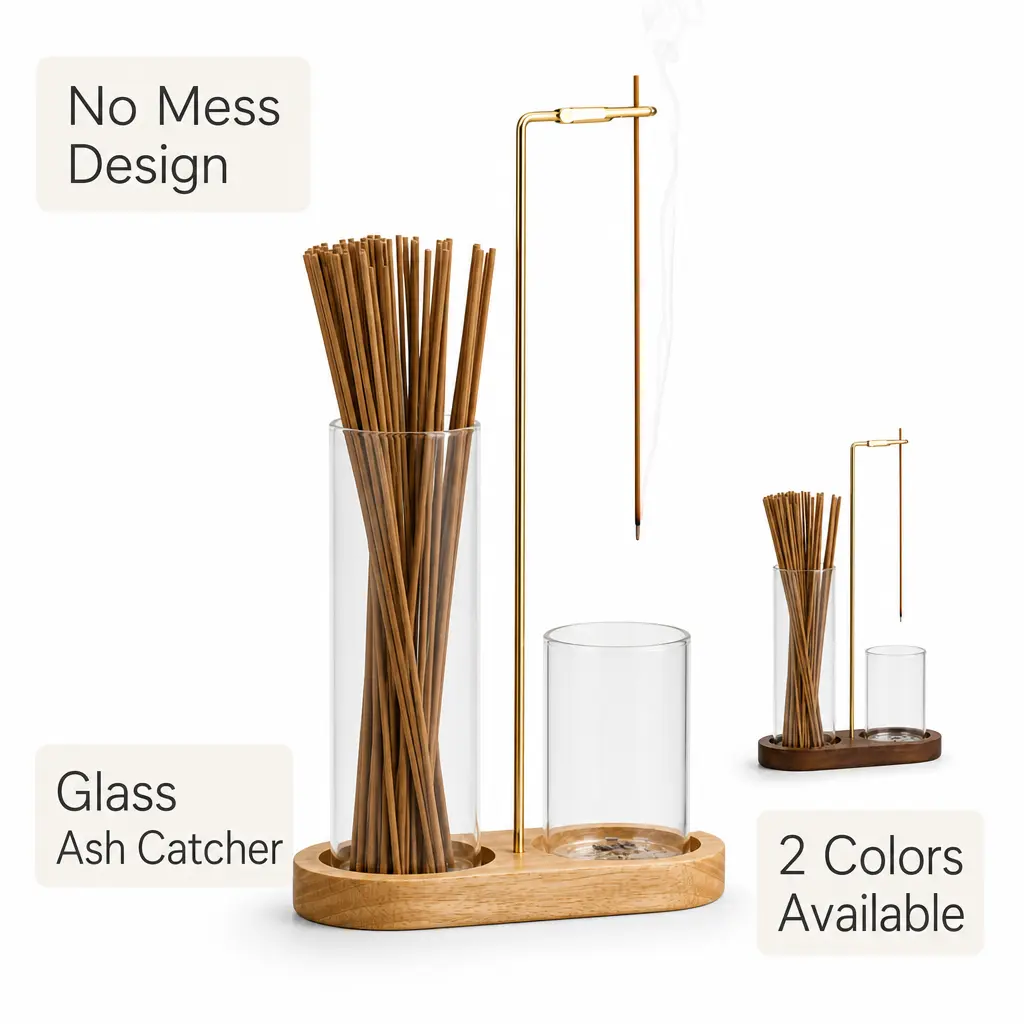 Household Scented No-Mess Upside-Down Incense Holder - Wooden Glass Ash Catcher for Stick/Coil Incense, Decorative Home Supplies Fragrance Accessory for Meditation Bedroom