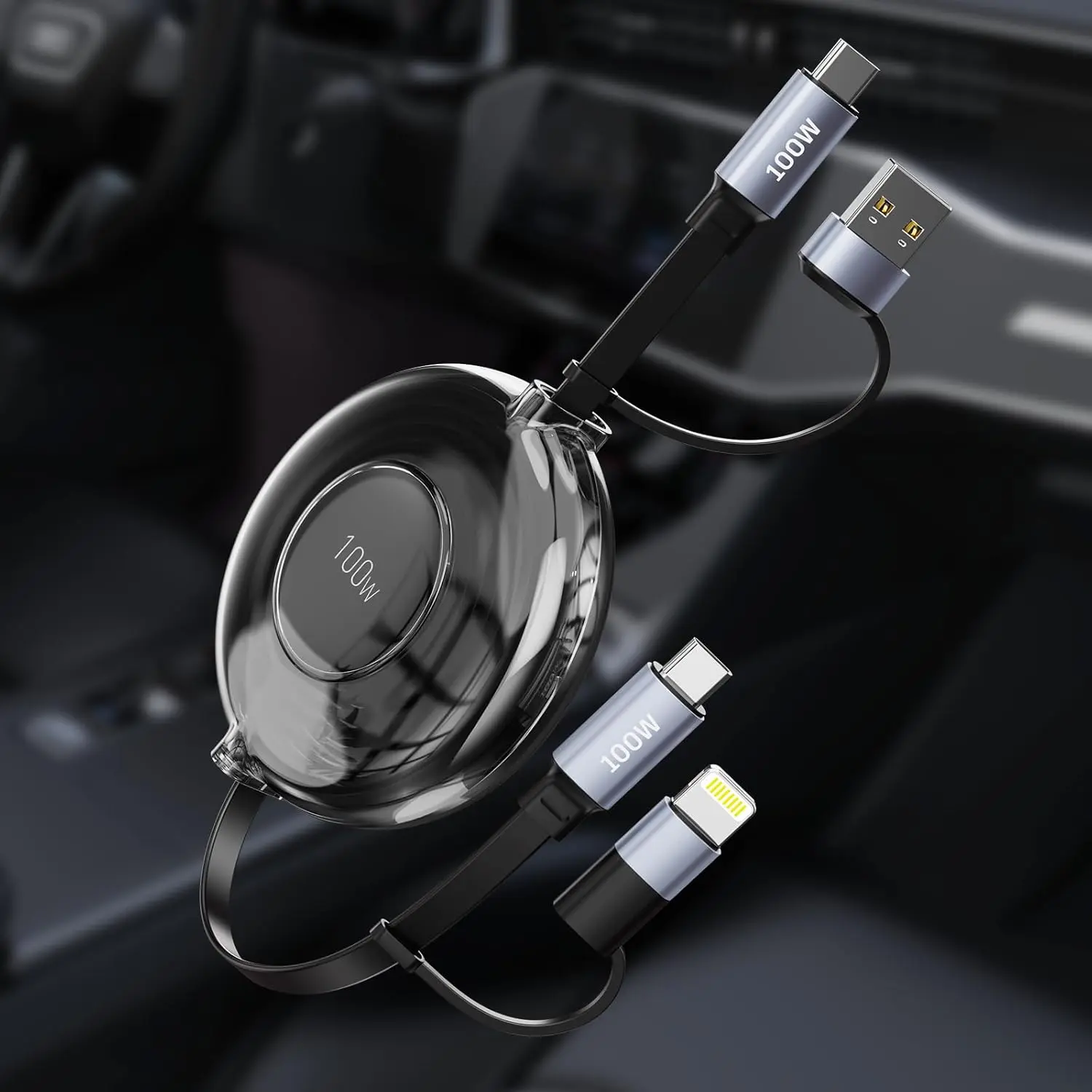 Retractable Car Charging Cable 100W USB C Cable 4-in-1  Fast Charging USB-C/A to Lightning/USB-C Retractable Phone Charger Cord for iPhone 16,15, 14,, MacBook, iPad