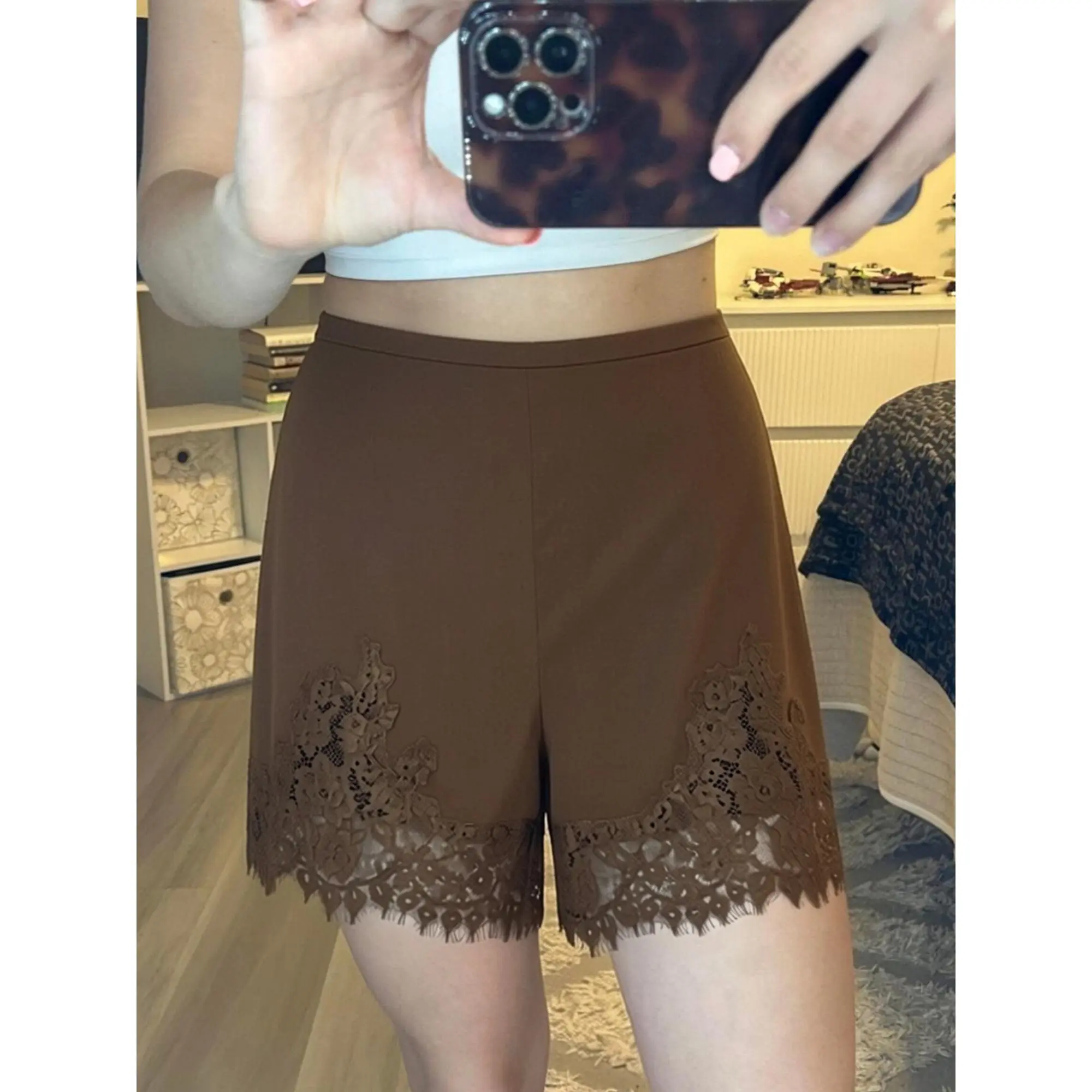 y2k Women's Shorts Summer Lace Trim Elastic Waistband Wide Leg Satin Shorts Streetwear