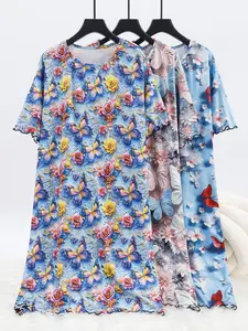 3-Pack Summer Sleepwear Set, Loose-Fit Short Sleeve Nightgowns, Round Neck, Floral & Butterfly Print, Floral Print Nightdress, Comfortable Home Wear, Loungewear, Casual Style