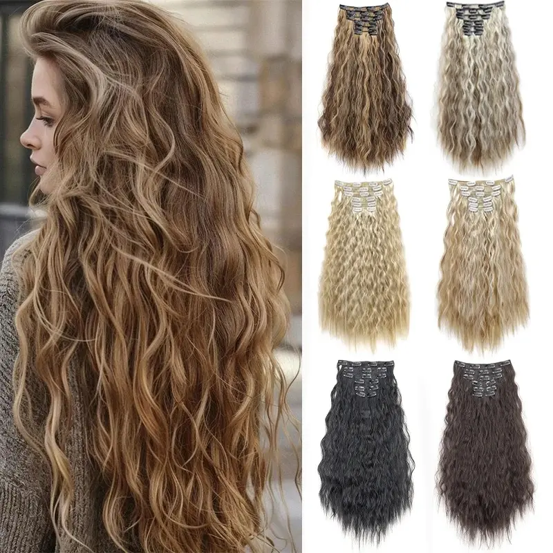 New 24Inch Synthetic Long Kinky Curly Clip-in Hair Extensions for Women High-Temperature Fiber Fluffy Hairpiece Everyday Wear