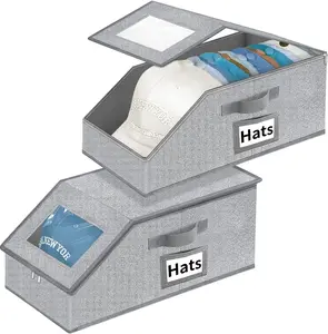 Stackable Hat Storage Boxes for Baseball Caps, 2PCS Stackable Storage with Clear Window Lid, Durable Cardboard Box for Men, Classic Style, Wardrobe Organizer
