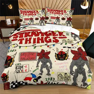 Stranger Things Bedding Set, Demogorgon Monster & Hawkins Print Duvet Cover Set, 2/3PCS Retro Sci-Fi Bedding for Teens & Child and Adults,  Bedroom Bed Decor Microfiber is soft and breathable,Includes 1 Comforter Cover and 1 or 2 pillowcases.