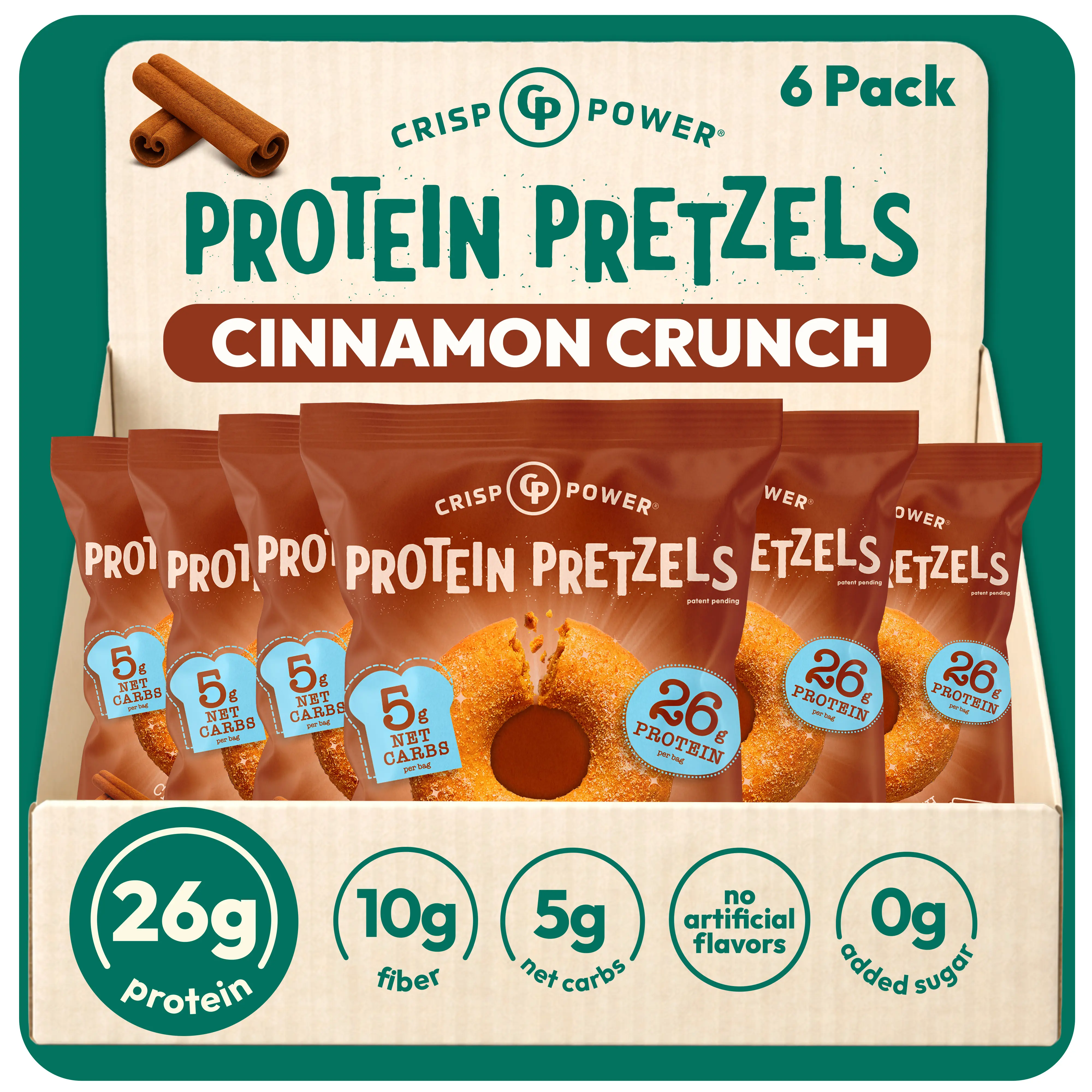 Crisp Power Protein Pretzels, NEW Cinnamon Crunch, 26G Protein, High Protein, High Fiber, Low Carb, Crunchy Pretzel Snacks, No Added Sugar, 1.75 oz Bags, 6 Pack, Vegan, Plant-Based, Keto