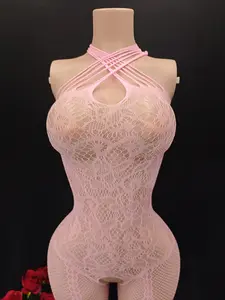 Sexy Mesh Bodysuit, Cutout Design, Halter Neck, Transparent Sleeveless, Large Mesh Holes, Bold and Alluring Lingerie