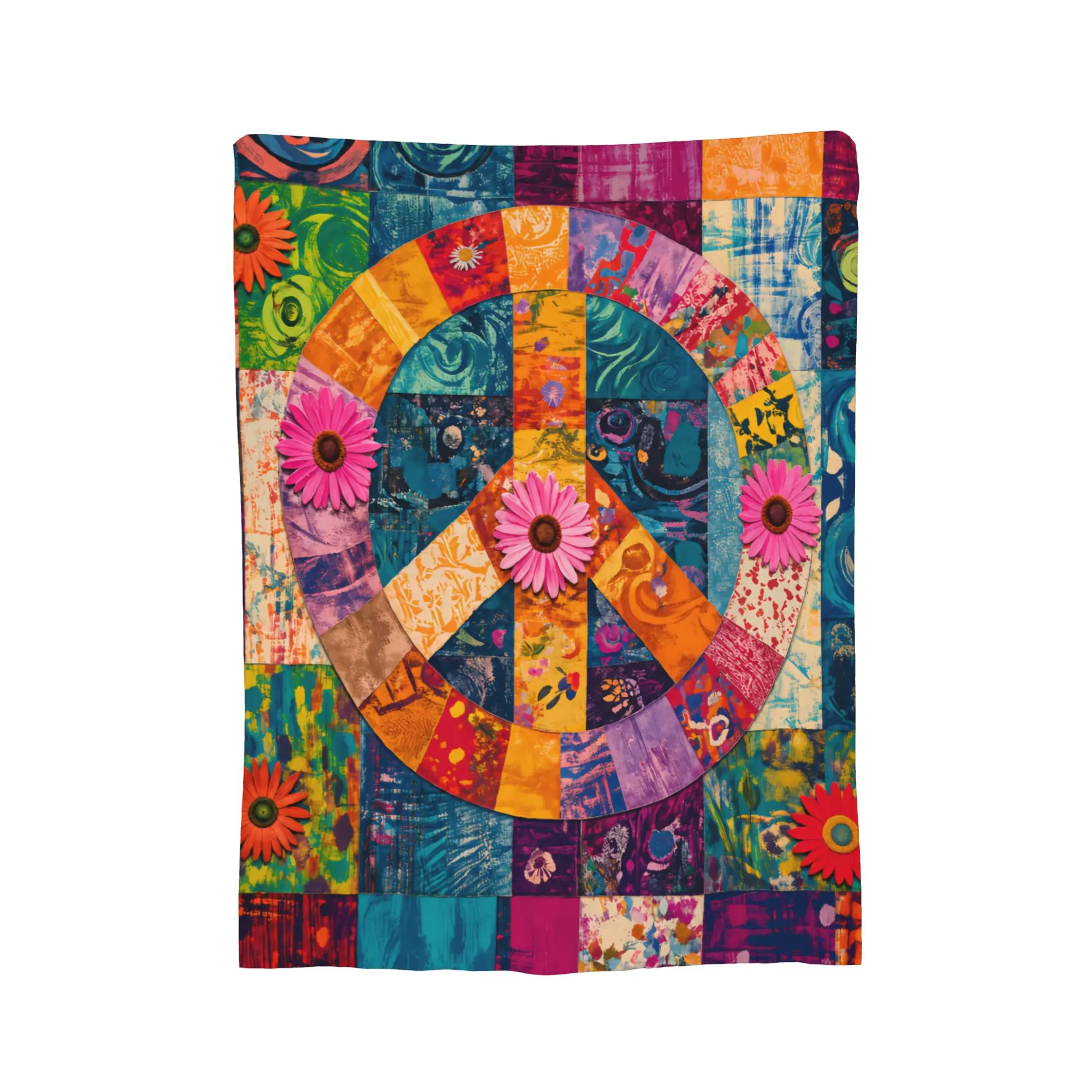 Glam Multicolor Patchwork Peace Sign Collage Flannel Blanket - Artistic, Bold, Large Graphic Colorful Draped Blanket for Home Snuggles, Soft Durable Washable All-Season Bedspread for Sofa, Bed, Colorful Draped Blankets