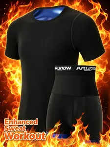 Men's Round Neck Letter Print Sauna Suit Set, Sporty Short Sleeve T-shirt & Elastic Waist Shorts Set, Breathable Top & Bottoms for Gym Workout Running, Sweating Clothing