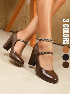 Women's Elegant High Heel Shoes, Fashion Round Toe Chunky Mid-Heel, Comfortable Buckle Design, PU Leather, Dual Color Options, Buckle Closure