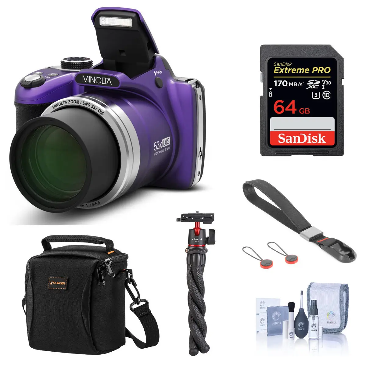 Minolta MN53Z 16MP FHD Digital Camera with 53x Optical Zoom, Wi-Fi, Purple Bundle with Shoulder Bag, 64GB SD Card, Wrist Strap, Octopus Tripod, Cleaning Kit