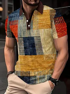 Men'S Short-Sleeve Button-Up Polo Shirt with a 3D Digital Checkered Print, Perfect for Trendy Casual And Stylish Outdoor Wear, Top, Menswear