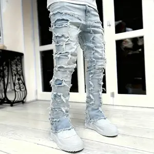 Men's Slim-Fitting Distressed Denim Jeans - Menswear with Layered Ripped Holes, Patchwork, Pocket, Streetwear Edge - Edgy Men's Jeans for Casual Wear, Themed Events