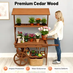 Retro Brown 3-Tier Cedar Wood Rolling Flower Pot Cart - 2 Wheels, 55.12lbs Load Capacity, Rustic Wooden Planter Boxes, Home Organizer Storage Rack for Indoor Gardening, Outdoor Use