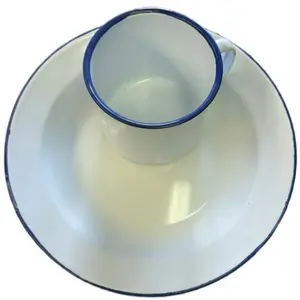 syèt Blan Larj Emaye Enamel Plate 26cm - White Enamel Dinnerware with Blue Rim for Everyday Use set of two
