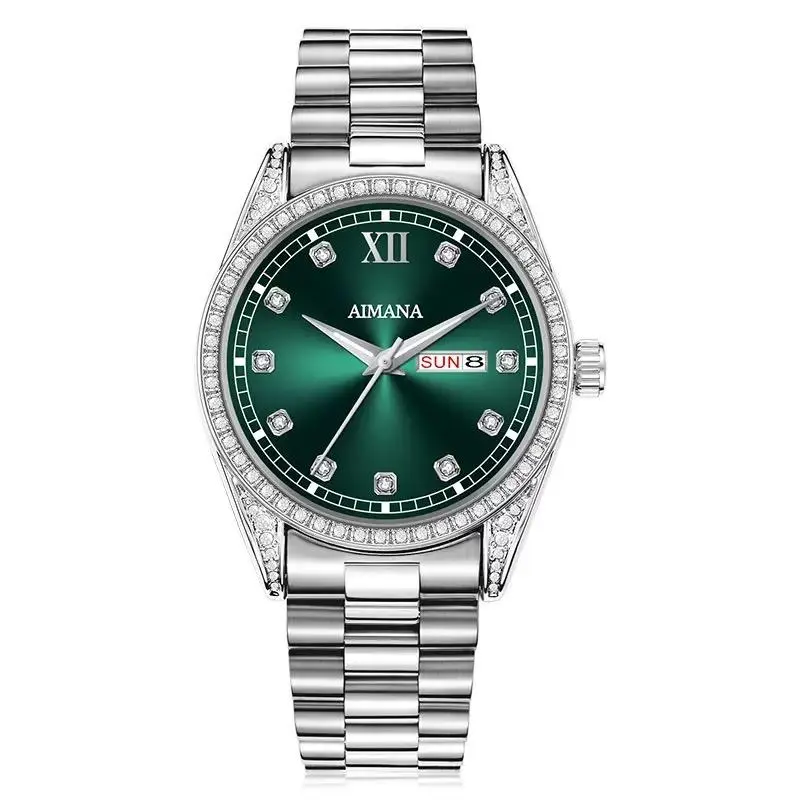 AIMANA Men's Stylish Watch - Round Full-Diamond Iced-Out Dial, Luminous Display, Waterproof, Date Function, Modern Fashionable Wristwatch, Ideal Gift for Birthdays, Parties, Bold Diamond Dial, Iced-Out Look