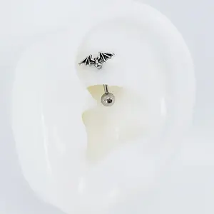 B:PSoem 16G Vintage Tiny Bat Top #Rook, Curved Barbell Banana bar Cartilage Piercing #Externally Threaded bar #Surgical Steel (6,8,10 mm) or Titanium (6,8mm)