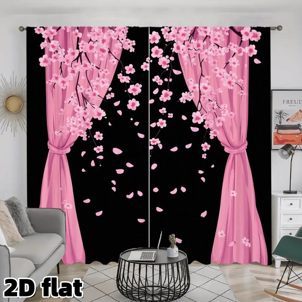 2D Flat 2Pcs Pink Cherry Blossom Printed Curtain Panels, Japanese Sakura Design, Rod Pocket Style, Semi Sunshade Polyester Fabric, Elegant Room Darkening Window Treatment for Living Bedroom Balcony Kitchen, Modern Home Decor, Anti Privacy