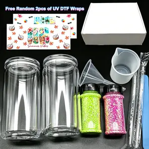 16oz Plastic Double Wall Snow Globe Tumbler Slim Design with clear Lid Straw Tea Wine Gift 2pcs shakers glitter and UVDTF  and DIY tools
