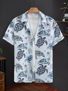 Men's Light-Base Blue-Black Ocean-Style, Short-Sleeve Lapel Shirt - Lightweight Breathable Fabric, Relaxed Layering Fit, Decorated with Turtles/Starfish Pattern, Ideal for Summer Coastal Boardwalk Strolls, Beach Café Hangouts, Casual Streetwear Shirt