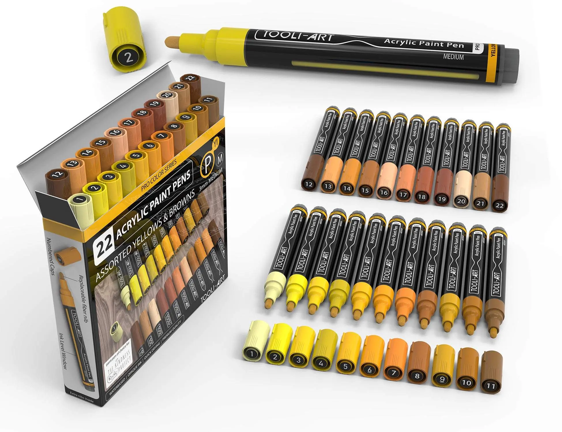 22 Acrylic Paint Pens (YELLOWS & BROWNS) Pro Color Series Set (3mm MEDIUM) Art Drawing Supplies Artist Supplies