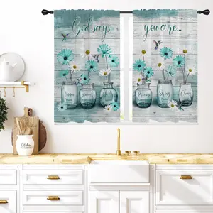 Teal Floral Kitchen Window Curtains 27.5 x 39 Inch Small Short Mini Cafe Rod Pocket Turquoise Aqua Flower White Daisy Fun Living Bedroom Room Home  Set of 2 Curtain Panels Drapes Tiers