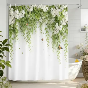 Floral Bathroom Curtain, Vine Butterfly Pattern, Natural Style Bath Divider, Home Decor, Privacy Screen, No Drilling Required, Includes Hooks