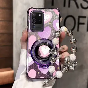 S20 Ultra Popular Series Pearl Strap Lanyard Phone Holder Case For Compatible With Samsung Galaxy S20 Ultra Transparent Magnetic Glitter Protective Cover and Shockproof Full of Cute Pink Hearts Protector Cases Accessories