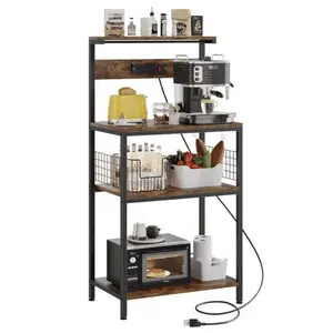 Kitchen Baker’s Rack with Power Outlet, 4-Tier Adjustable Microwave Oven Stand, Coffee Bar Table with 3 Outlets & On/Off Switch, Freestanding Appliance Shelf for Small Kitchen, Rustic Farmhouse Style - 23.6 Inches