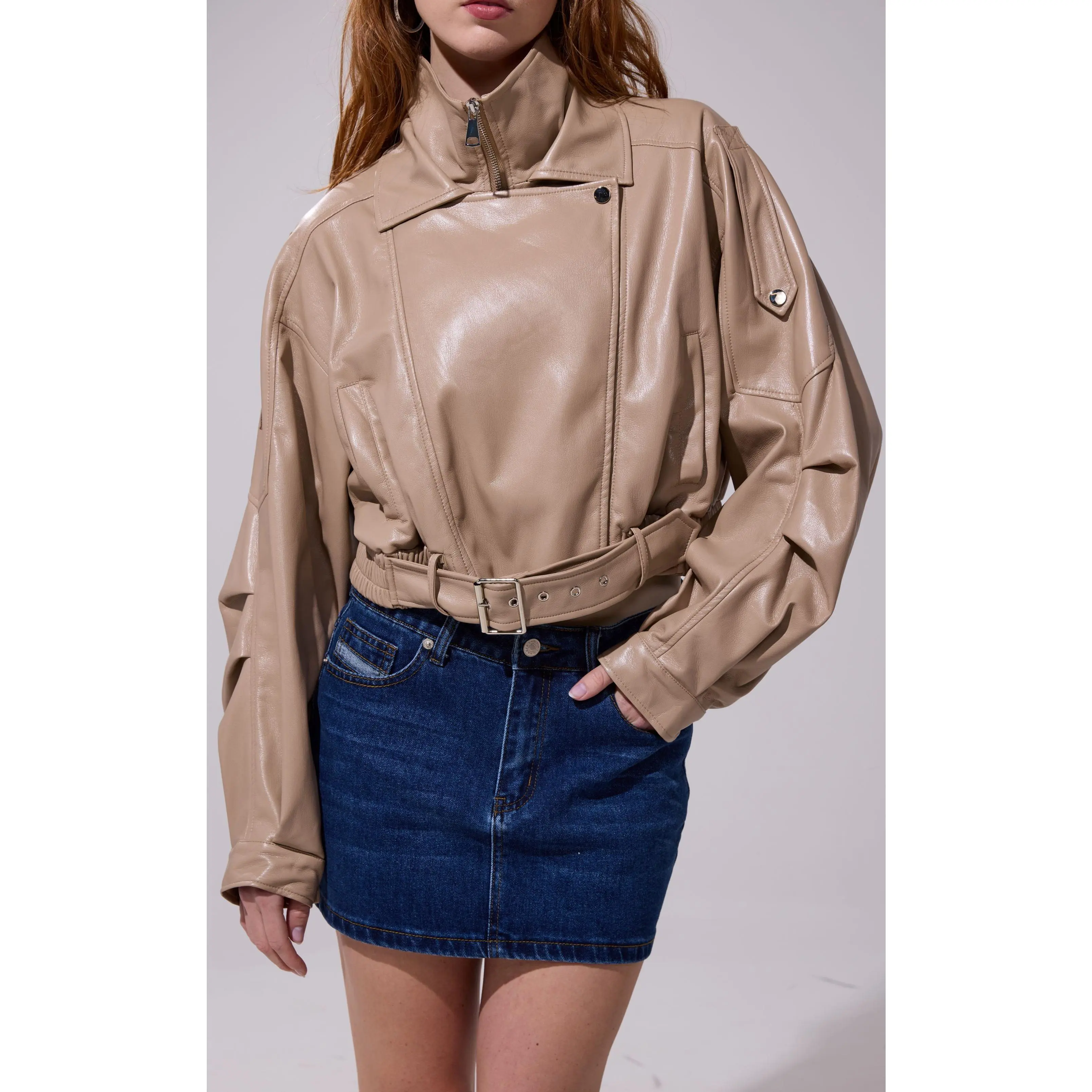 PAPOOSE-BEIGE BUTTER LEATHER MOTO JACKET