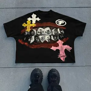 Vintage Saint Abstract Cross Lips Graphic Printed Cotton T-Shirt Harajuku Oversized Couple Short Sleeve Street Mens Clothing