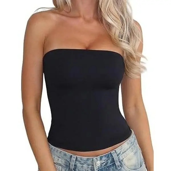 QINSEN Apparel Women's Seamless Tube Top Double Lined Strapless Bandeau Summer Slim Fit Going Out Tank Tops