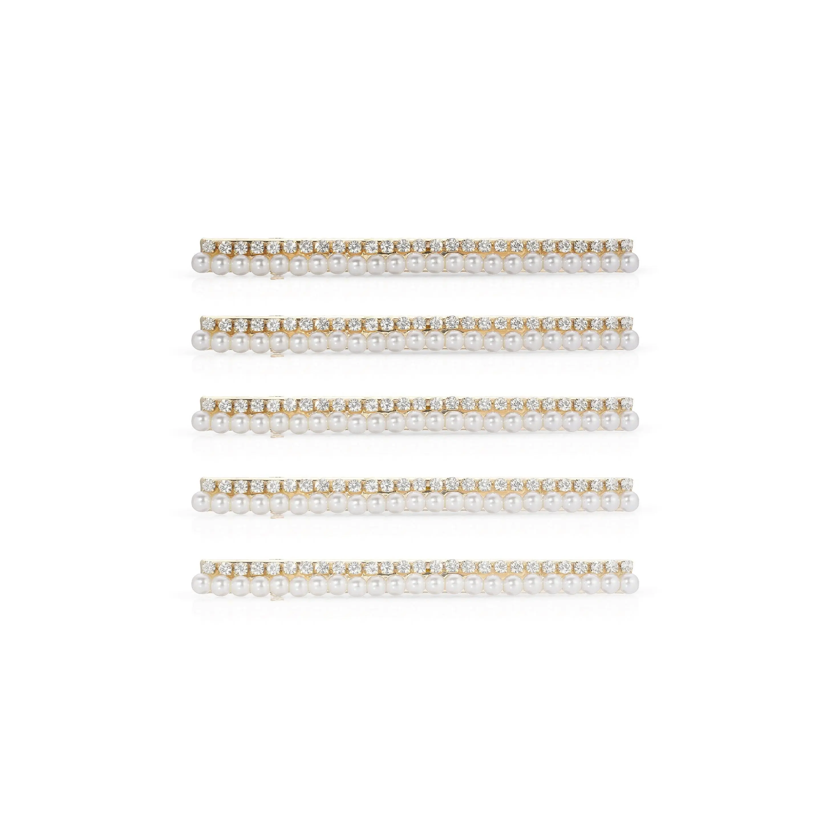 Ettika Thin Pearl and Crystal Hair Clip Set Gold Tone Plated Hair Accessories Dainty Sparkling Clips for Women Set of 5