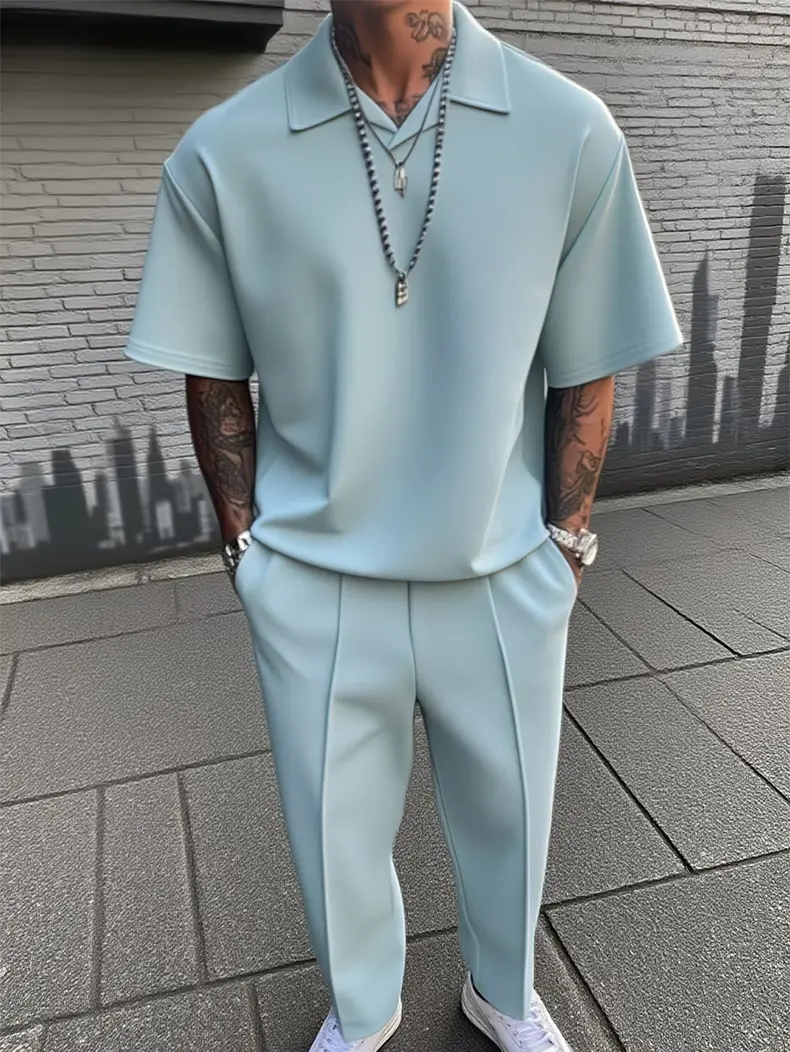 Men's Casual 2 Piece Sets, Solid Summer Clothes, Short Sleeve Collared Shirt and Pants, Relaxed Set Outfit, Casual Basic, Shortsleeve, Mens Clothing, Polyester, Men's 2 Piece Sets