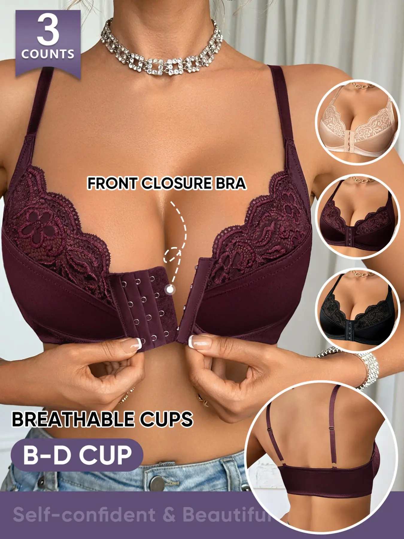 Morelect 3-Pack Front Buckle Lace Push-Up Bras, Lingerie, Underwear, B-D Cup, Easy On-Off, Breathable, Medium Support, Ditsy Floral, All Seasons