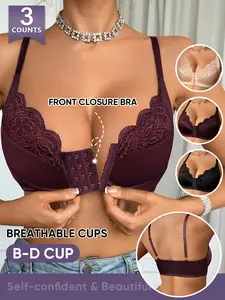 Morelect 3-Pack Front Buckle Lace Push-Up Bras, Lingerie, Underwear, B-D Cup, Easy On-Off, Breathable, Medium Support, Ditsy Floral, All Seasons