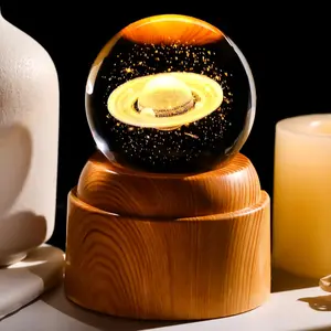 3D Saturn Crystal Ball, Outer Space Planet Lamp with Silver LED Base, Glass Sphere Miniatures Saturn Lamp Astronomy Physics Science Gifts for Women, Men, Kid Home Decor (2.36 inch)