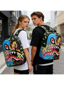 American Style Men's Backpack with Bear Shark Design, Large Capacity, Multifunctional, Ideal for Students, Travel, Daily Commute, Holiday Gift