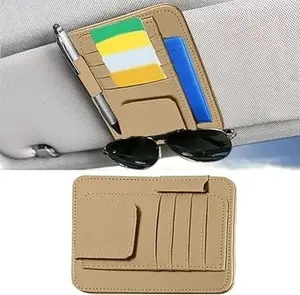 Leather Car Sun Visor Organizer Clip, Universal Car Truck Visor Document Holder with Sunglasses Clip, Auto Visor Pocket Storage for Bill Card Registration/Driving License Pen