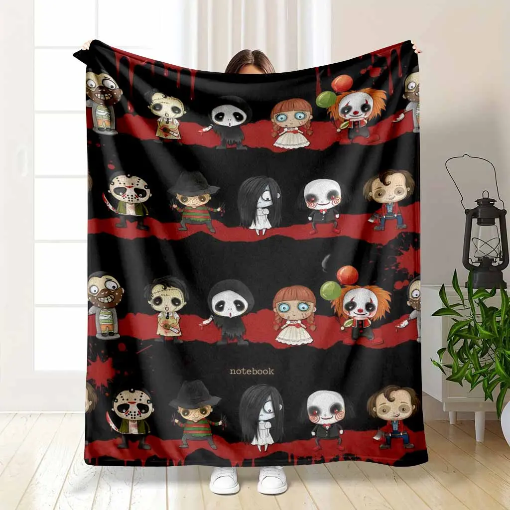 Horror Movie Characters Flannel Blanket Spooky Chibi Cinema Icons Pattern Super Soft Lightweight Plush Fuzzy Throw Ideal for Cozy Living Room Sofa Bedding Halloween Party Decor and Unique Fan Gift dealsforyou|summerwins|restock|dealsforyoudays|DFYD, Wrink