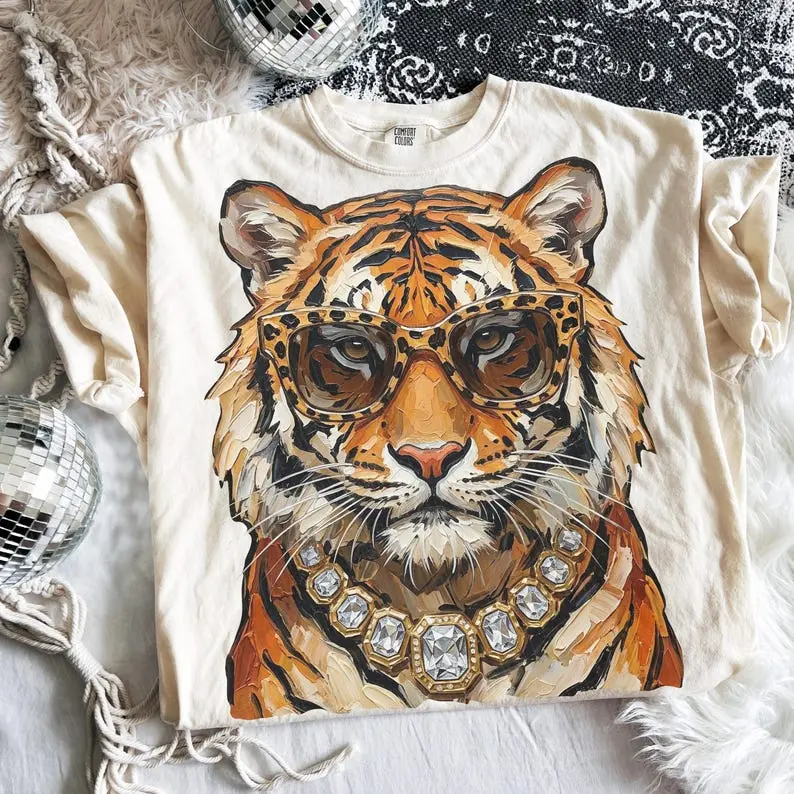 Comfort Colors Glam Tiger Shirt, Leopard Bubblegum Sunglasses T-Shirt Cute Animal Print Tee